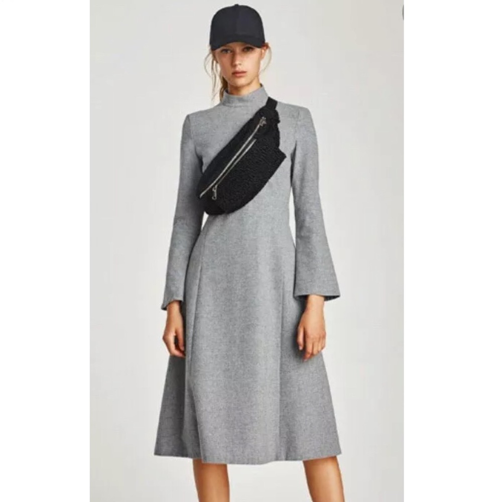 ZARA GREY MINIMALISTIC LONG SLEEVE MIDI DRESS SZ L